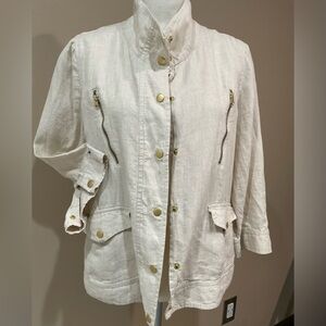 ❤️CHICO’S Women’s 100% Linen Brushed Gold Fixtures Cropped Fitted Jacket, 8